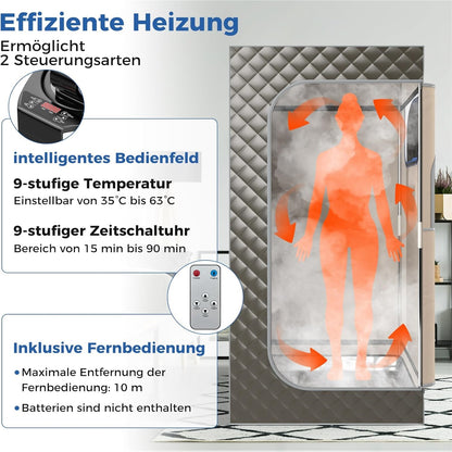 Draagbare Sauna Tent – Mobiele Sauna – InfraSauna – Stoomcabine – Wellness Tent – 35-63°C Temperatuurregeling – 3 Liter Stoomgenerator – Grijs