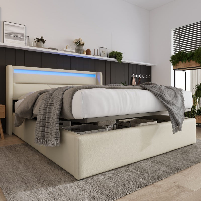 Hydraulisch Opbergbed – Bed Met Matras – Opklapbed – Stalen Bedframe – Tweepersoonsbed 160x200 cm – Klassiek Wit – Ruimtebesparend – Stevige Constructie
