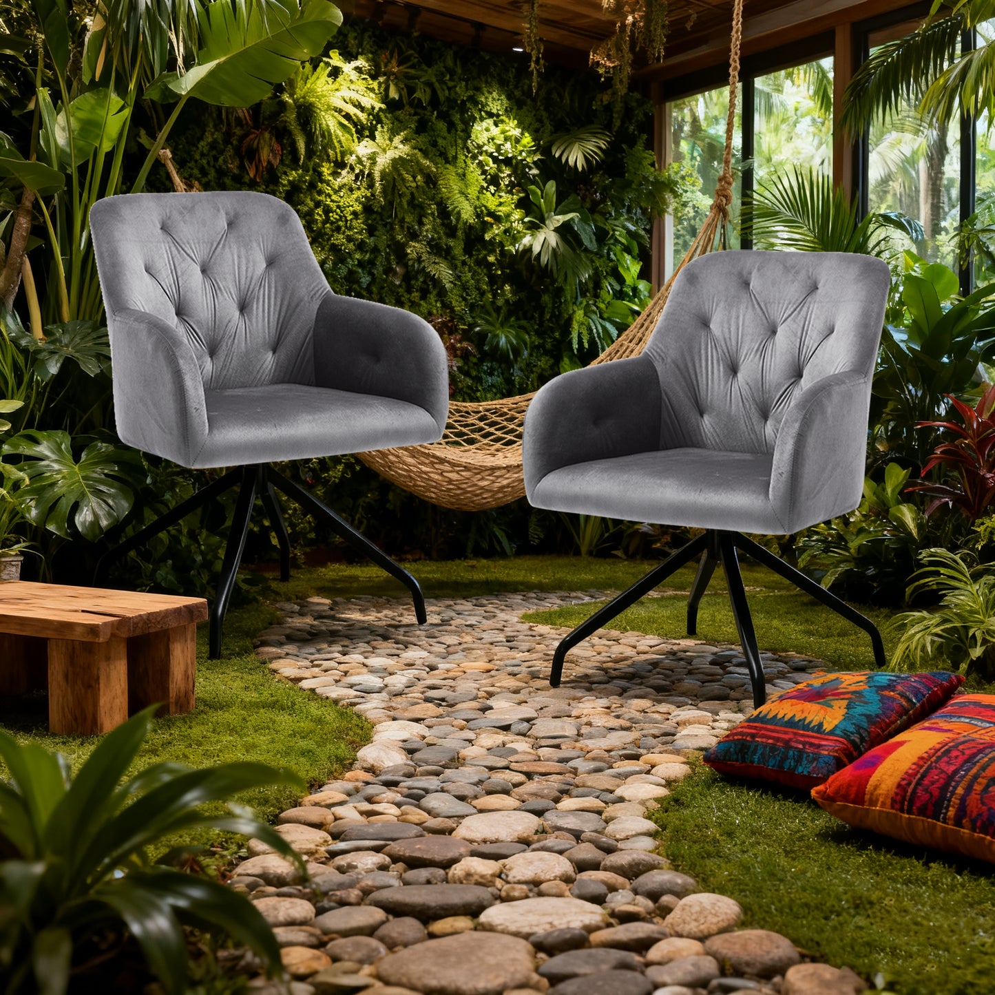 Eetkamerstoelen – Keukenstoelen – Armstoelen – Draaistoelen – Stoelen Set 2 – Grijze Velvet Bekleding – Metalen X-Frame – 360° Draaibaar – Comfortabele Armleuningen