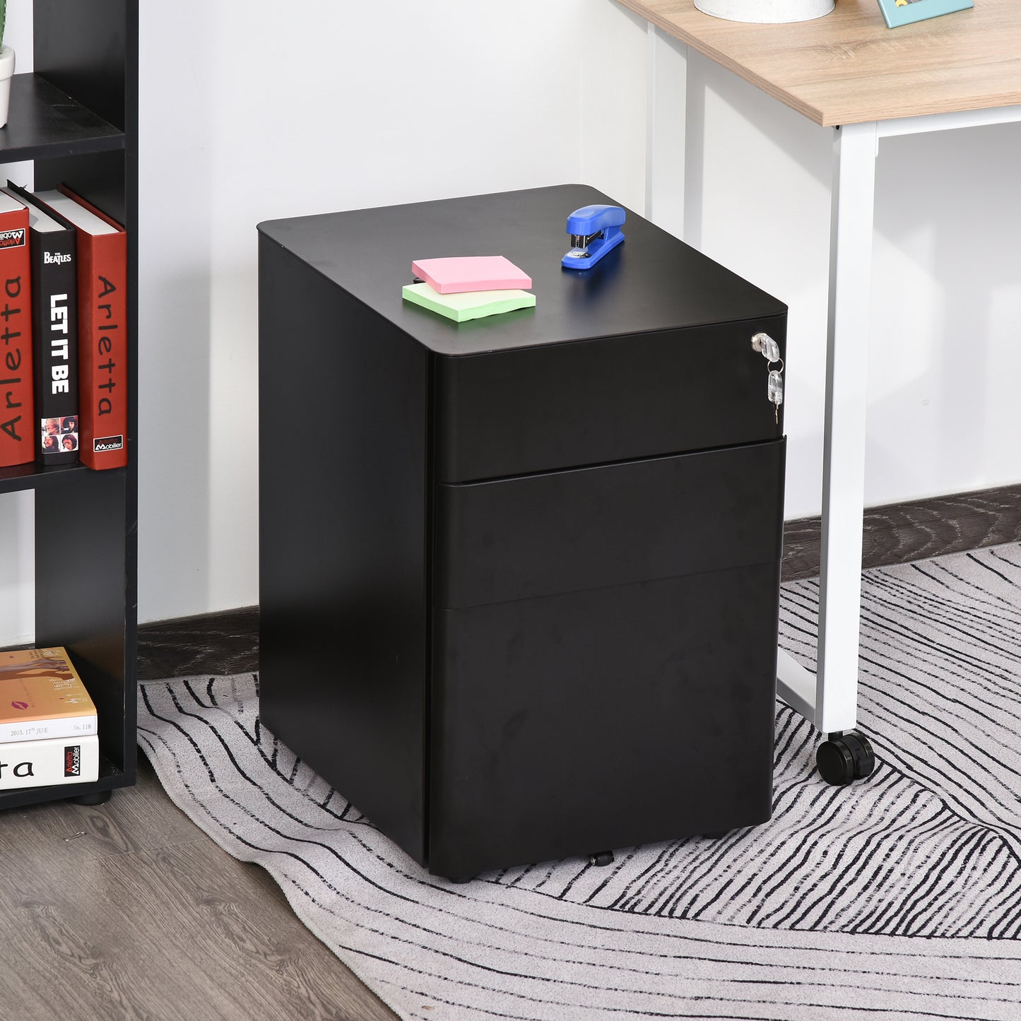 Rollcontainer – Mobiele Kast – Ladekast – File Cabinet – Opbergkast – 3 Laden – Stalen Behuizing – Zwart – 39x48x59 cm – Centraal Slot – Zwenkwieltjes