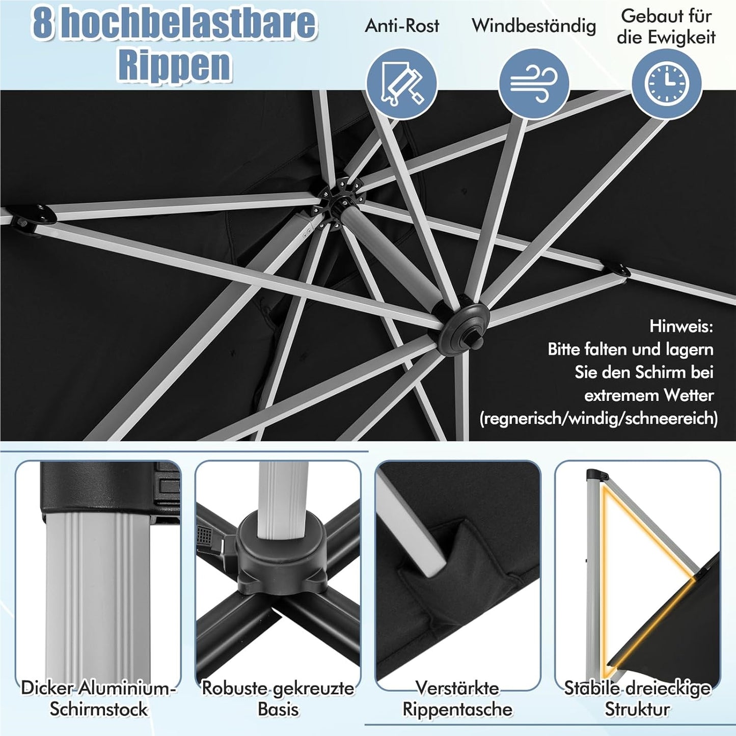 Vierkante Parasol – Zonnescherm – Tuinparasol – Terrasparasol – Marktkraamparasol – 300 x 300 cm – 360° Draaibaar – Verstelbare Kantelfunctie – Zwart