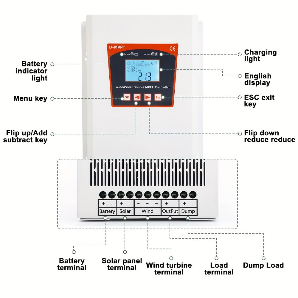 Zonnecontroller – Laadregelaar – Zonnelaadregelaar – Hybrid Controller – MPPT Regulator – Dual MPPT Voor Wind & Zon – LCD Display Met Dump Load – 12V/24V/48V Off-Grid Systemen – 2500W Vermogen – Overbelastingsbeveiliging