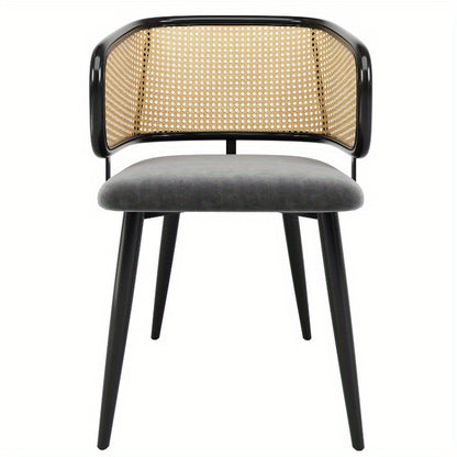 Eetkamerstoel – Stoel – Dining Chair – Keukenstoel – Caféstoel – Set Van 2 Stoelen – Fluwelen Zitting Met Rieten Rugleuning – Stevig Metalen Frame