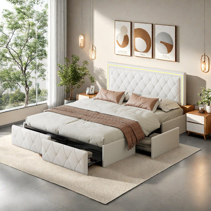 Double Bed with Storage, LED Lighting, 4 Drawers, USB Charging, Quick Assembly, PU Metal Frame, Classic Design, Suitable for Adult Bedrooms