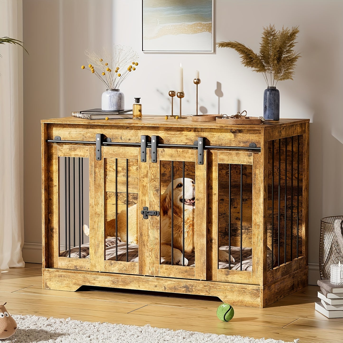 Hondenbench – Hondenkooi – Hondenhok – Hondenbench Meubel – Hondenkooi Hout – Dubbele Schuifdeuren – Stevig Houten Meubel 105x58x75,4 cm