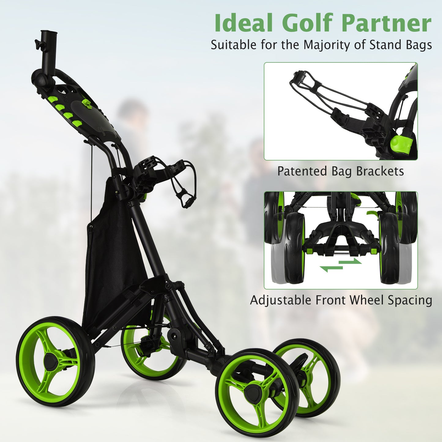 Golf trolley – Golfkar – Golfbuggy – Golftrolley – Golfwagen – Lichtgewicht aluminium frame – Verstelbaar handvat met voetrem – Lichtgroen