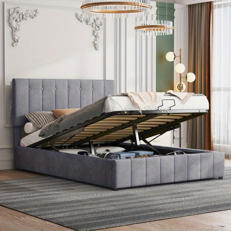 Tweepersoonsbed – Bed – Bedframe – Platformbed – Opbergbed – Gestoffeerd Linnen Beige – Hydraulische Opbergruimte – 140x200 cm