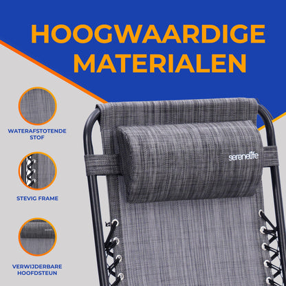 Loungestoel – Fauteuil – Relaxstoel – Tuinstoel – Zitzak – Set van 2 – Verstelbaar Met Afneembare Bekerhouders – Vouwbaar En Weerbestendig - Grijs