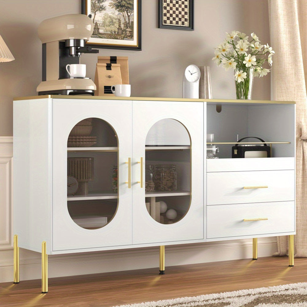 Dressoir – Buffetkast – Ladekast – Sideboard – Opbergkast – Modern Wit Met Gouden Accenten – 2 Glazen Deuren & 2 Lades – Luxe Strakke Afwerking – Stevig & Duurzaam