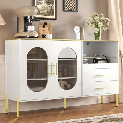 Dressoir – Buffetkast – Ladekast – Sideboard – Opbergkast – Modern Wit Met Gouden Accenten – 2 Glazen Deuren & 2 Lades – Luxe Strakke Afwerking – Stevig & Duurzaam
