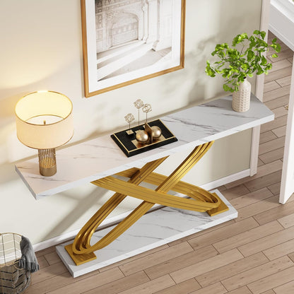 Sidetable – Consoletafel – Wandtafel – Haltafel – Bijzettafel – Wit Faux Marmeren Blad – Gouden Metalen Frame – Smal Design 140x33x80 cm
