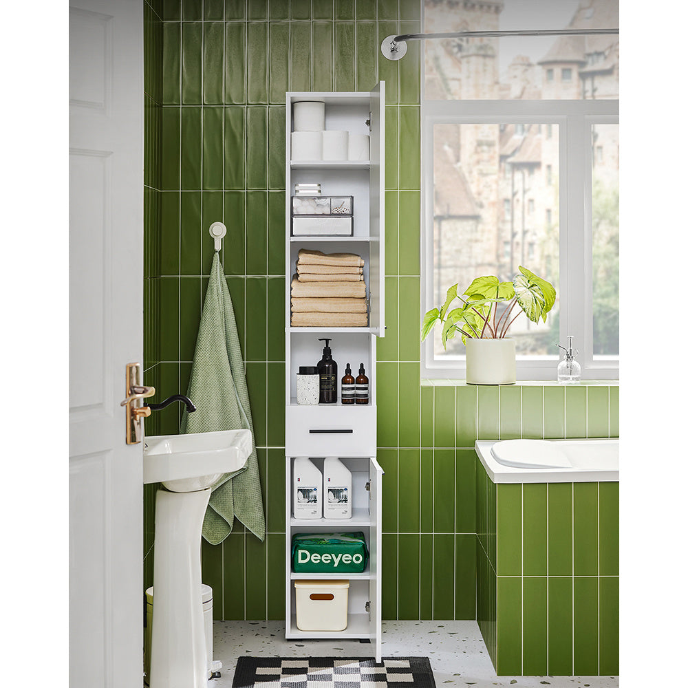 Badkamerkast – Badkamermeubel – Kolomkast – Opbergkast – Wastafelonderkast – Smal design – 2 Deuren en 6 Verstelbare Planken – Wit 30x182x31 cm