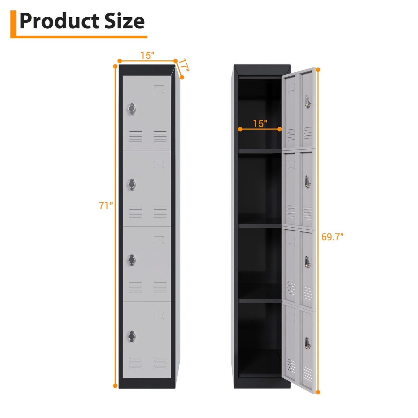 182.88cm Tall Heavy-Duty Lockable 4-Door Metal Storage Cabinet Suitable for School, Garage, Office, Gym, Home & Warehouse - Locker Room Cabinet with Shelves, -Standing (No Wood)