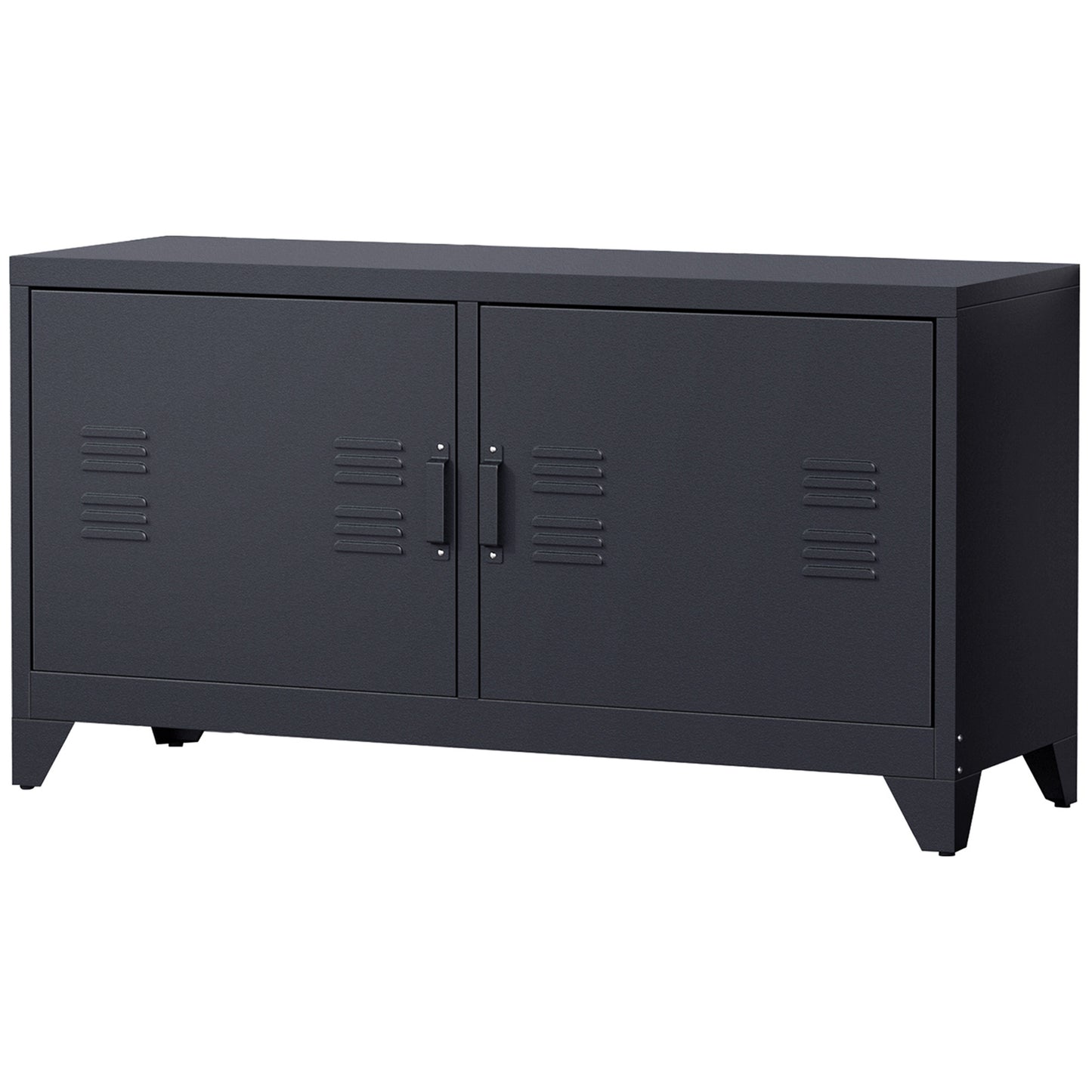 Industriële TV-kast – TV-meubel – TV-standaard – Tv-benk – Tv-dressoir – Zwart gepoedercoat staal – 2 kasten met verstelbare planken – Kabelbeheer en ventilatieroosters – 119 x 40 x 63,5 cm