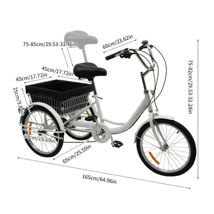 Driewieler – Driewieler Fiets – Volwassenen Driewieler – Driewieler Met Mand – Driewieler 3-Wiel – Wit – 50,8 cm – 8 Versnellingen – Verstelbaar Zadel