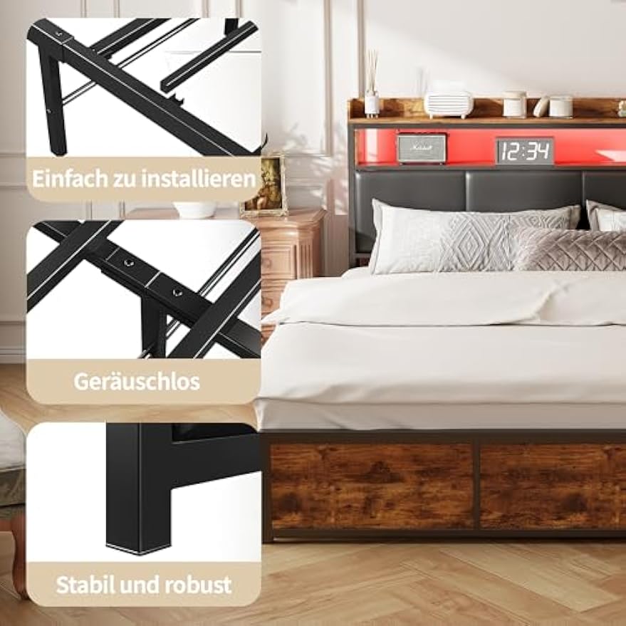 Led Bed – Gestoffeerd Bed – Opbergbed – Tweepersoonsbed – Bed Met Lades – 180 x 200 cm – LED Verlichting – Met PU Hoofdbord & Lattenbodem