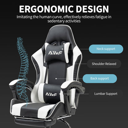 Gamestoel – Gaming Stoel – Game Stoel – Gaming Chair – Bureaustoel – Ergonomisch Met Verstelbare Rugleuning – Inklapbare Voetensteun – Kunstleder – 360° Draaibaar - Zwart-Wit