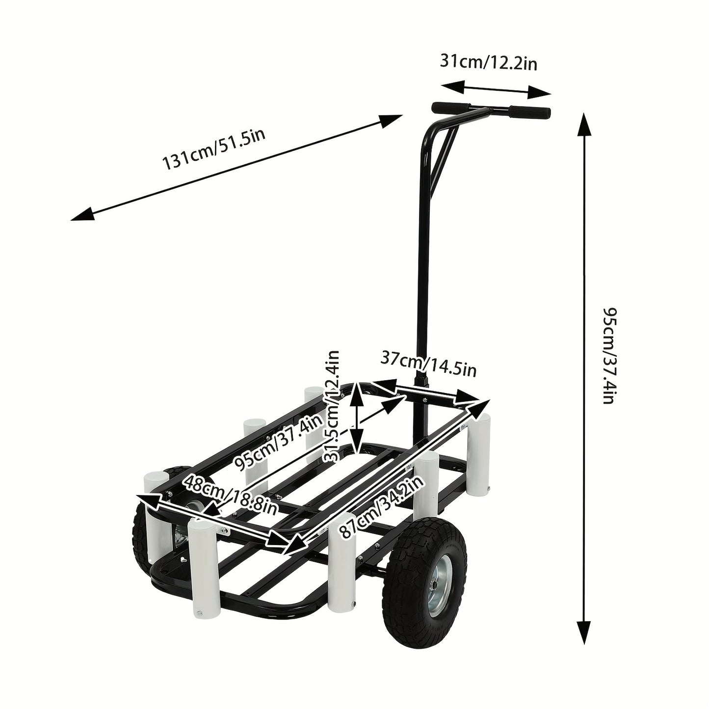 Vistuigwagen – Viswagen – Outdoor Kar – Viskar – Campingkar – Zwarte uitvoering – Hoogwaardig Koolstofstaal – Dubbele Rubber Wielen – 7 Hengelhouders – Antislip Handvat – Verstelbare Voorpoot voor Stabiliteit