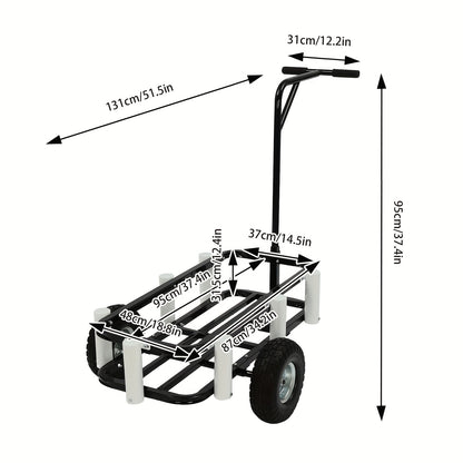 Vistuigwagen – Viswagen – Outdoor Kar – Viskar – Campingkar – Zwarte uitvoering – Hoogwaardig Koolstofstaal – Dubbele Rubber Wielen – 7 Hengelhouders – Antislip Handvat – Verstelbare Voorpoot voor Stabiliteit