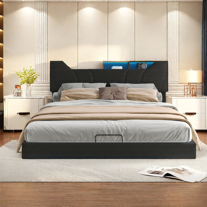 Gestoffeerd Bed – Tweepersoonsbed – Opbergbed – Led Sfeerverlichting Bed – Bed Met USB Oplader – 140x200 cm – Opbergruimte Met Hydraulische Gasveren – Lattenbodem & Zwart PU-Leder