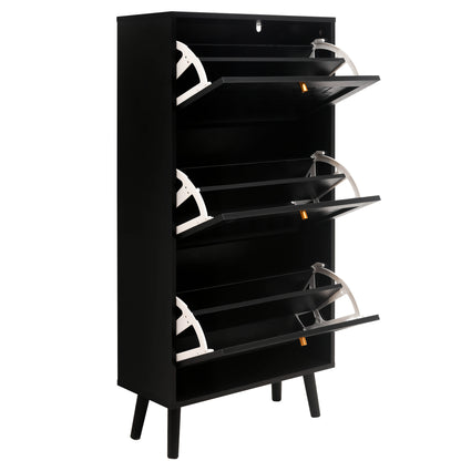 Schoenenkastje – Schoenenrek – Schoenopberger – Entreekast – Schoenmeubel – Zwart Bamboe – Boho Streepjespatroon – Compact 60x24x121 cm