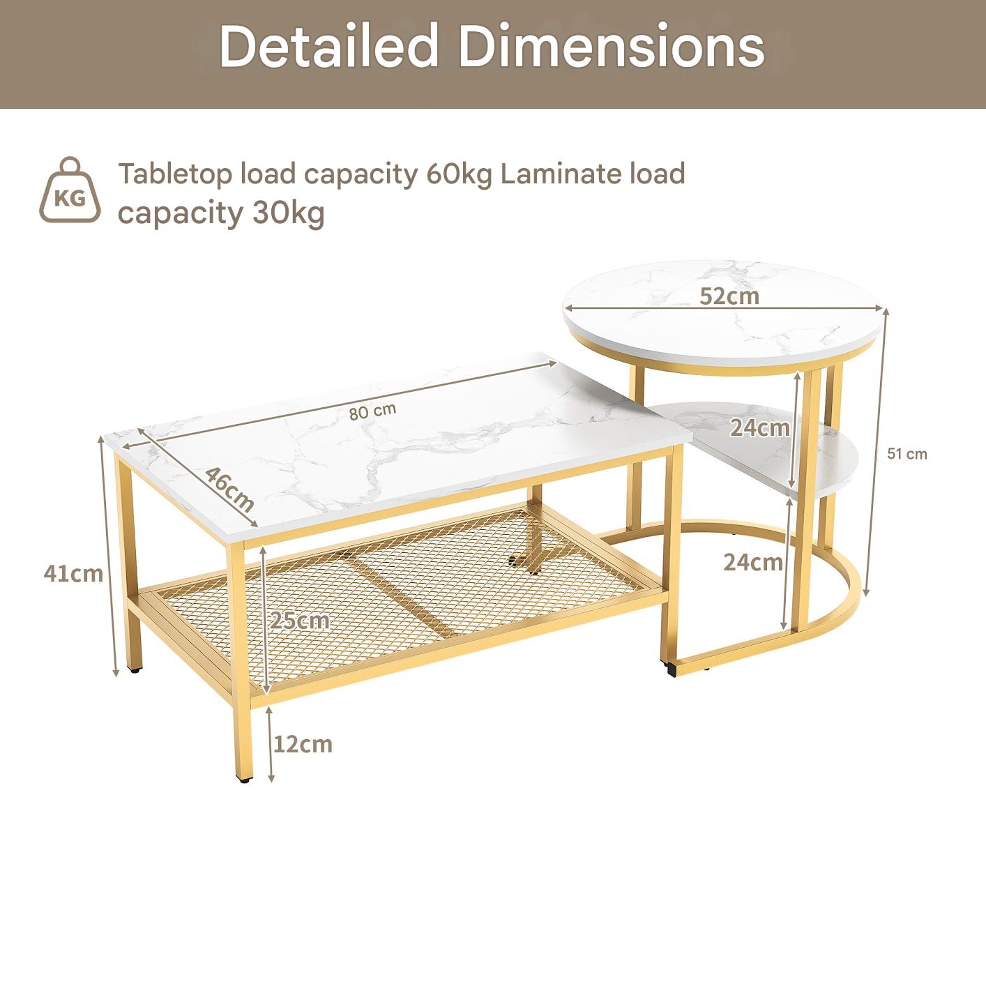 2-in-1 Salontafel Set – Woonkamertafel – Bijzettafel – Koffietafel – Ronde Tafel – Goud Metalen Frame – Kunstmarmeren Blad – Extra Opbergruimte