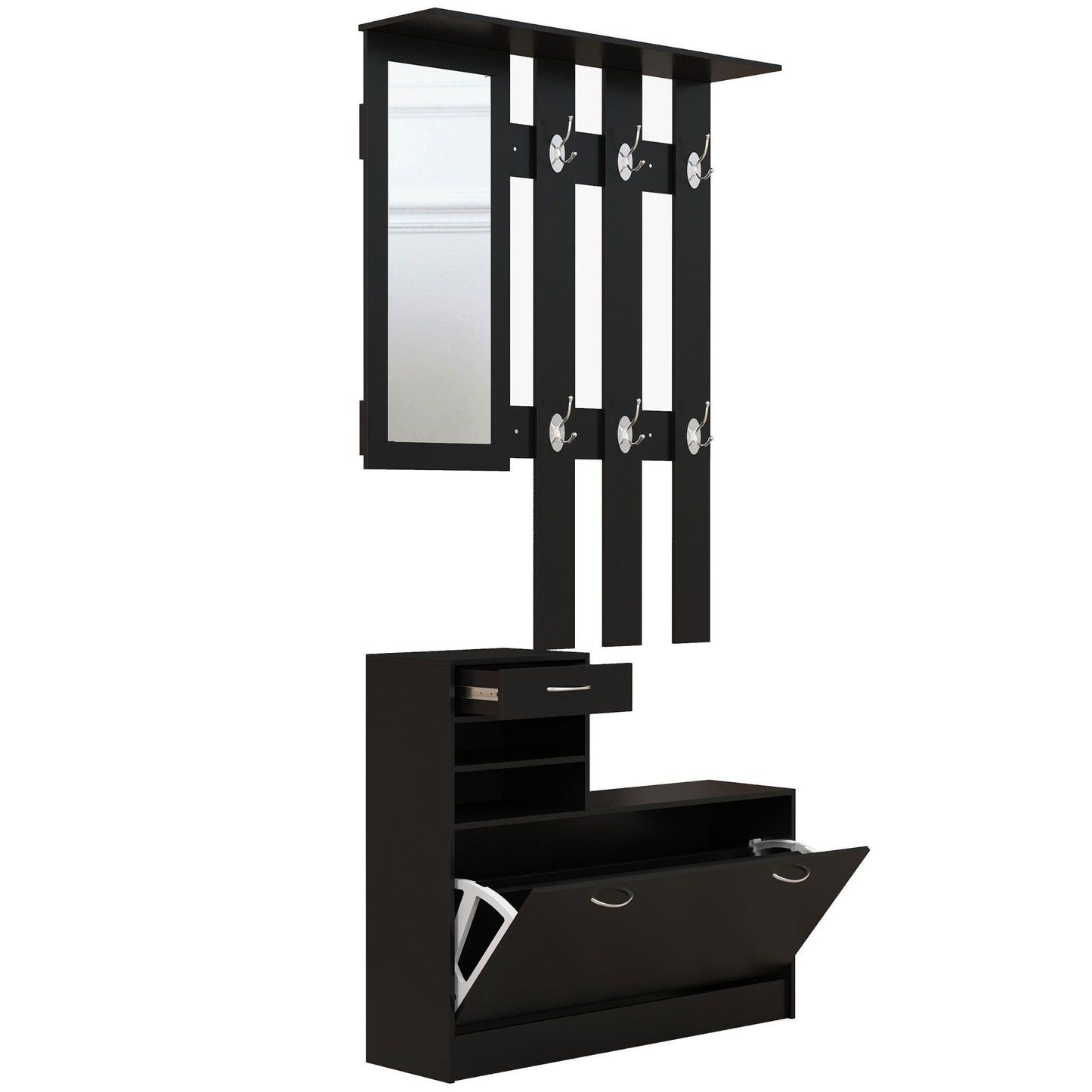 Schoenenkast – Schoenenrek – Halmeubel – Schoenenopberger – Kapstok – Modern Design – Zwart Spaanplaat – Met Spiegel en 6 Dubbele Haken