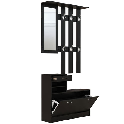 Schoenenkast – Schoenenrek – Halmeubel – Schoenenopberger – Kapstok – Modern Design – Zwart Spaanplaat – Met Spiegel en 6 Dubbele Haken
