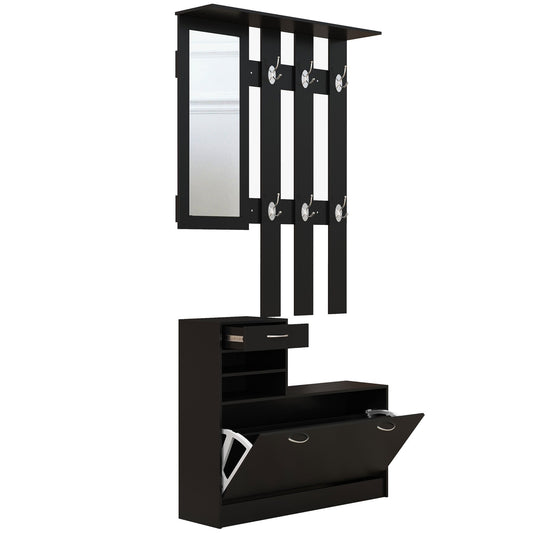 Schoenenkast – Schoenenrek – Halmeubel – Schoenenopberger – Kapstok – Modern Design – Zwart Spaanplaat – Met Spiegel en 6 Dubbele Haken