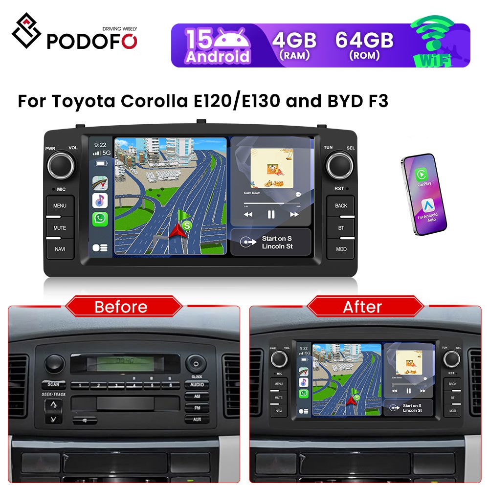 Autoradio Android 15 – 7 Inch Touchscreen – Car Multimedia Systeem – GPS Navigatie – Draadloze CarPlay & Android Auto – 4GB RAM + 64GB Opslag – AI DSP Geluidsoptimalisatie – Compatibel Toyota Corolla E120/E130 2000-2008