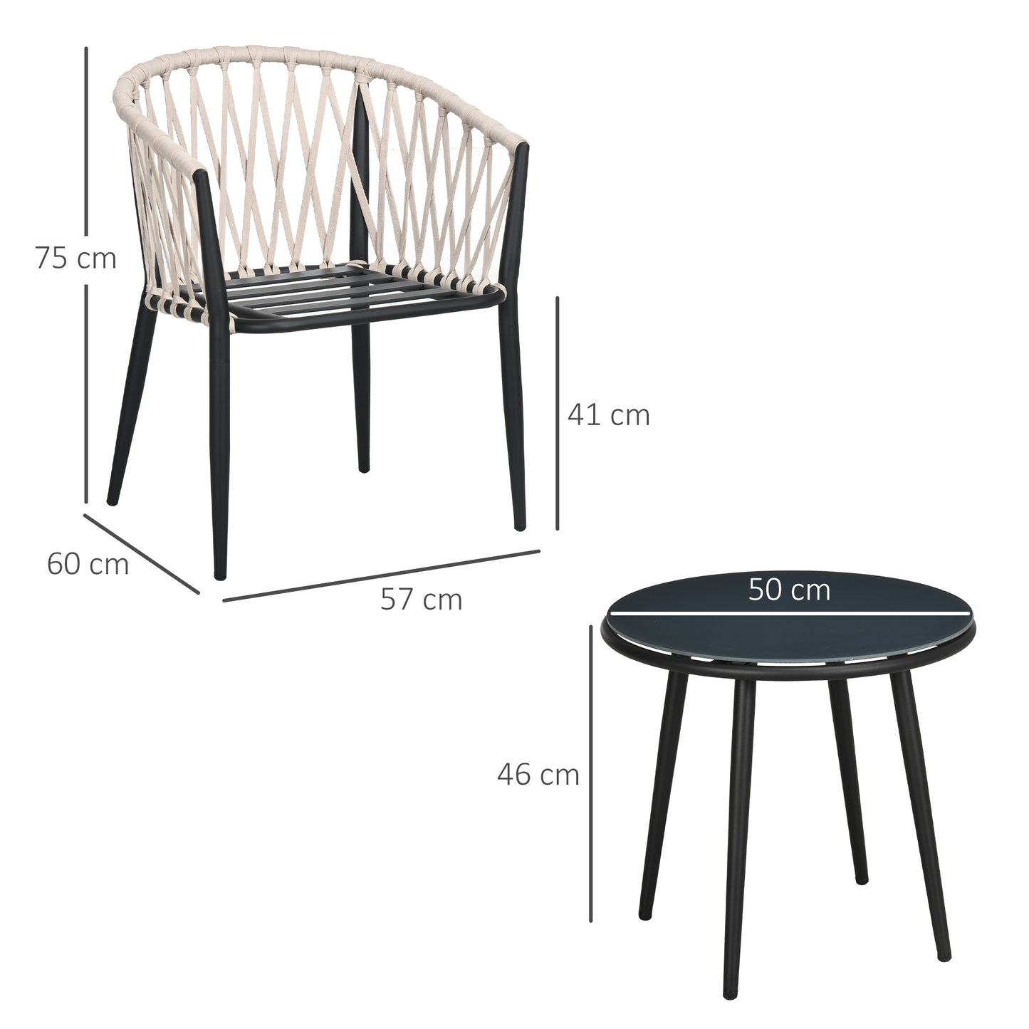 Tuinset – Bistroset – Balkonset – 2-Persoons Zitgroep – Loungeset – 2 Fauteuils Met Kussens – Rond Tafeltje Met Geharde Glasplaat – Weerbestendig Metalen Frame – Compact Ontwerp