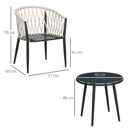 Tuinset – Bistroset – Balkonset – 2-Persoons Zitgroep – Loungeset – 2 Fauteuils Met Kussens – Rond Tafeltje Met Geharde Glasplaat – Weerbestendig Metalen Frame – Compact Ontwerp