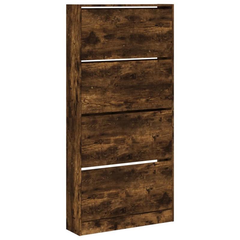 Shoe Cabinet with 4 Flap Drawers Measuring 80X21X163.5 Cm in Smoked Oak Color. This Stylish Shoe Cabinet Prevents Messy Shoes And Creates a Tidy Environment; The Metal Frame Provides Strength And Stability. The Cabinet Is Lig