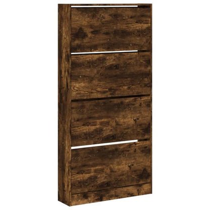 Shoe Cabinet with 4 Flap Drawers Measuring 80X21X163.5 Cm in Smoked Oak Color. This Stylish Shoe Cabinet Prevents Messy Shoes And Creates a Tidy Environment; The Metal Frame Provides Strength And Stability. The Cabinet Is Lig