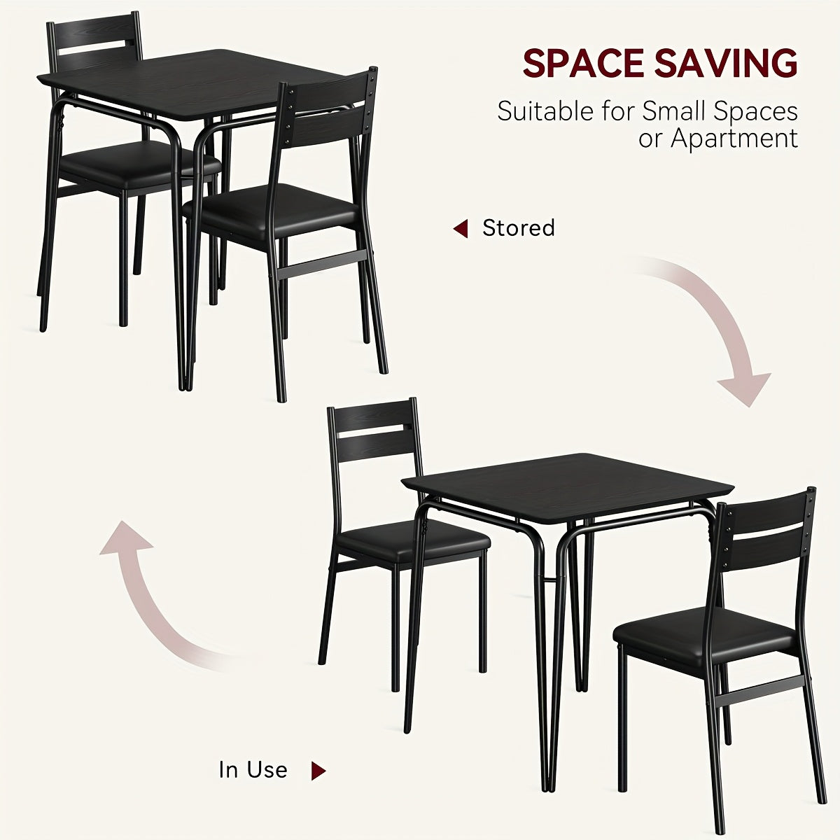 Eettafel Set – Dinerset – Keukentafel – Ontbijttafel – Tafel Met Stoelen – Compact 3-Delig – MDF Blad – Zwart Frame – Padded Stoelen – 29,1 Inch – Ruimtebesparend