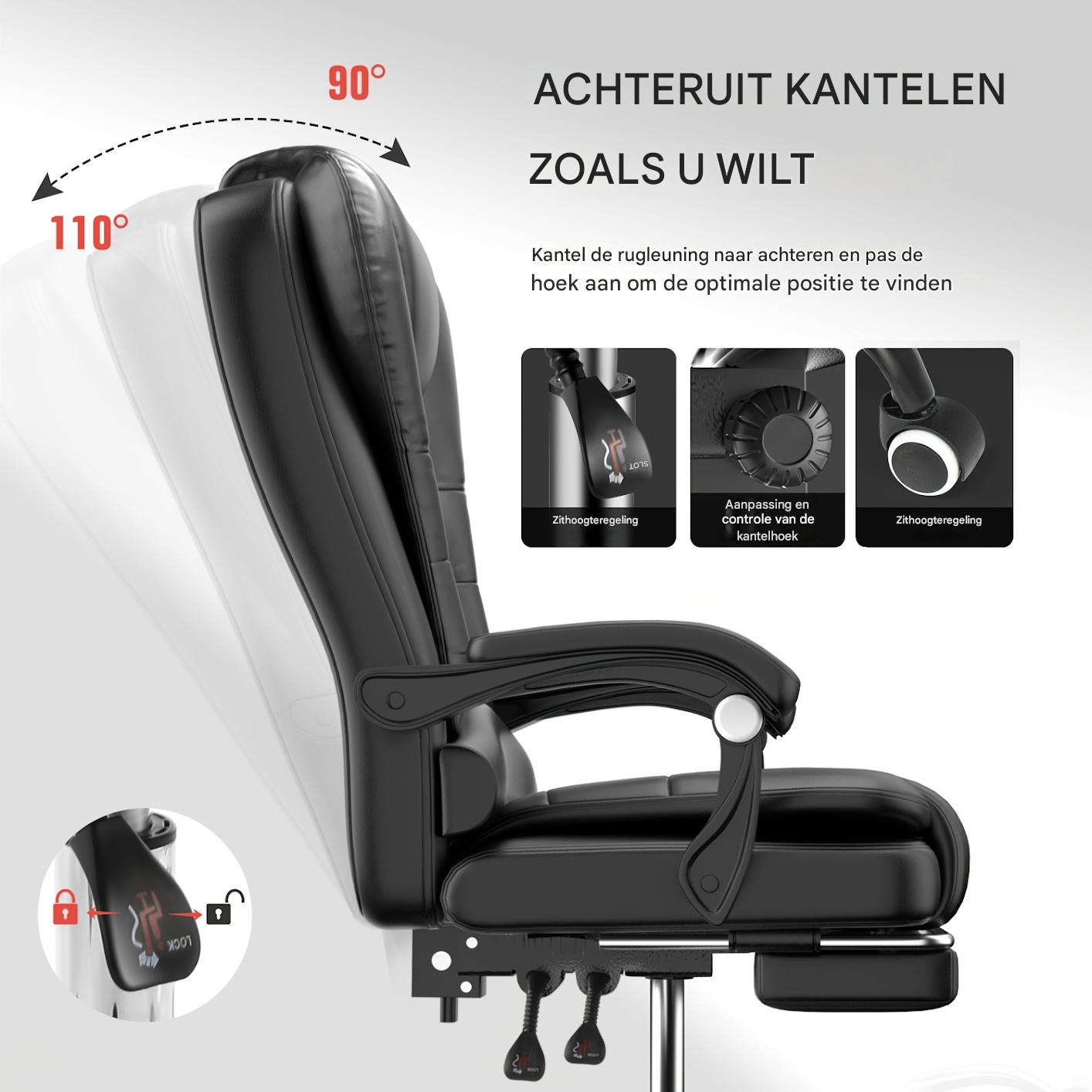Bureaustoel – Kantoorstoel – Office Chair – Gamestoel – Draaistoel – Verstelbare Rugleuning – Ingebouwde Voetensteun – Ergonomische Rugondersteuning – 360° Draaibaar – Zwart