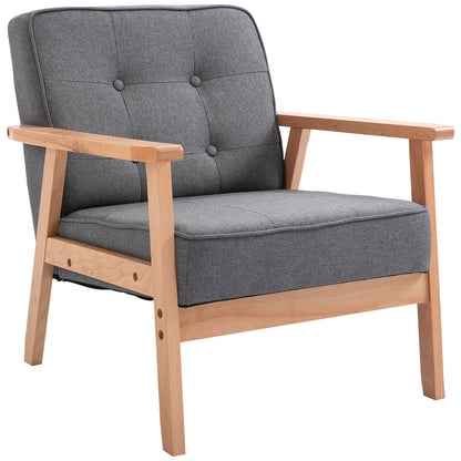Loungestoel – Fauteuil – Zetel – Relaxstoel – Armstoel – Massief Beukenhouten Frame – Comfortabele Grijze Linnen Bekleding – 64,5x70x74 cm