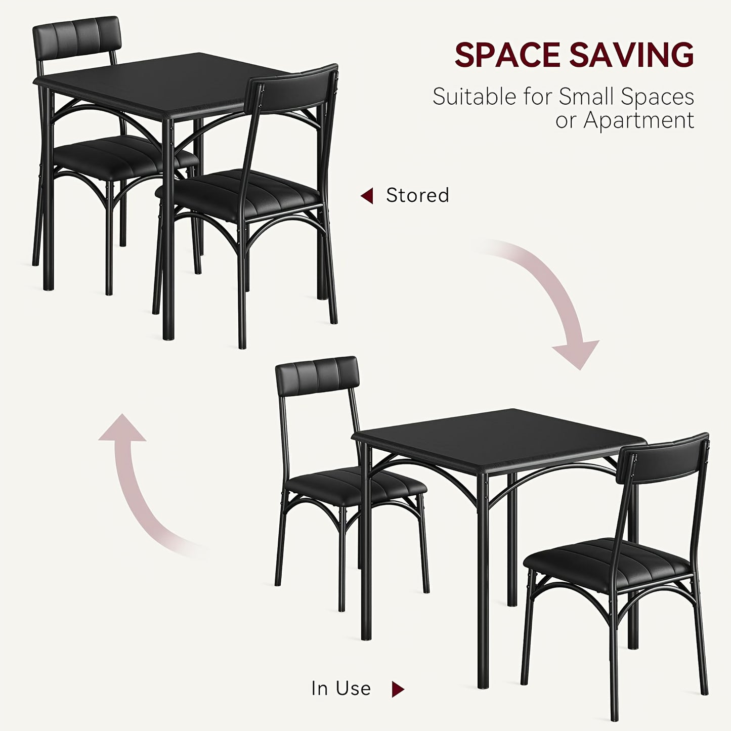 Eettafelset – Dinerset – Tafel Met Stoelen – Eettafel Met Stoelen – Compacte Eetset – Industrieel Design – Matzwart MDF Tafelblad – Gestoffeerde Slat-back Stoelen