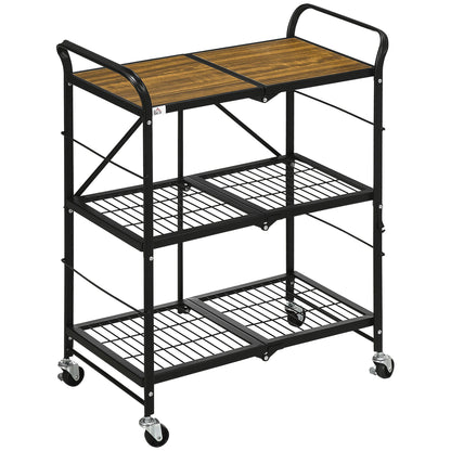 Keukentrolley – Serveerwagen – Opbergtrolley – Werktafel – Mobiele Keukenkar – Industrieel Design – 3 Ruime Planken – Inklapbaar Met 4 Draaibare Wieltjes – Bruin/Zwart