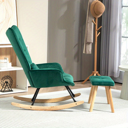 Schommelstoel – Relaxstoel – Schommelstoel Met Voetenbank – Lounge Stoel – Fauteuil – Groen – Fluwelen Bekleding – Houten Poten