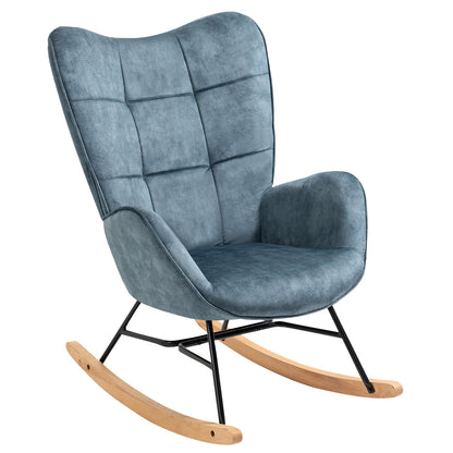Schommelstoel – Relaxstoel – Fauteuil – Loungestoel – Stoel – Scandinavisch Design – Met Metalen Frame en Beukenhouten Poten – Hoog Rugleuning – Comfortabele Stoffen Bekleding – Blauw – 67x84x97 cm