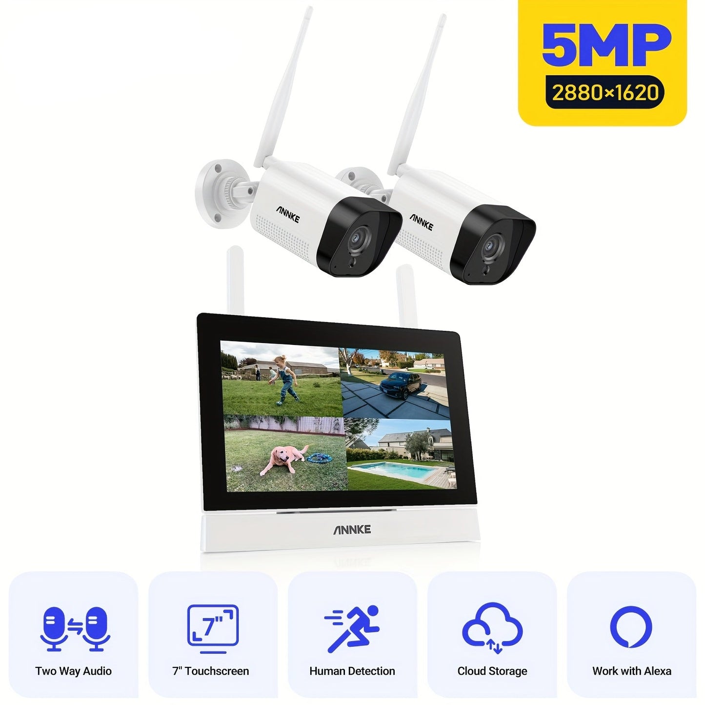 Beveiligingscamera Set – Camerabewaking – Bewakingscamera Set – CCTV Camerasysteem – Wifi Beveiligingscamera – 5MP Resolutie – 7 Inch Monitor Met 2-Weg Audio