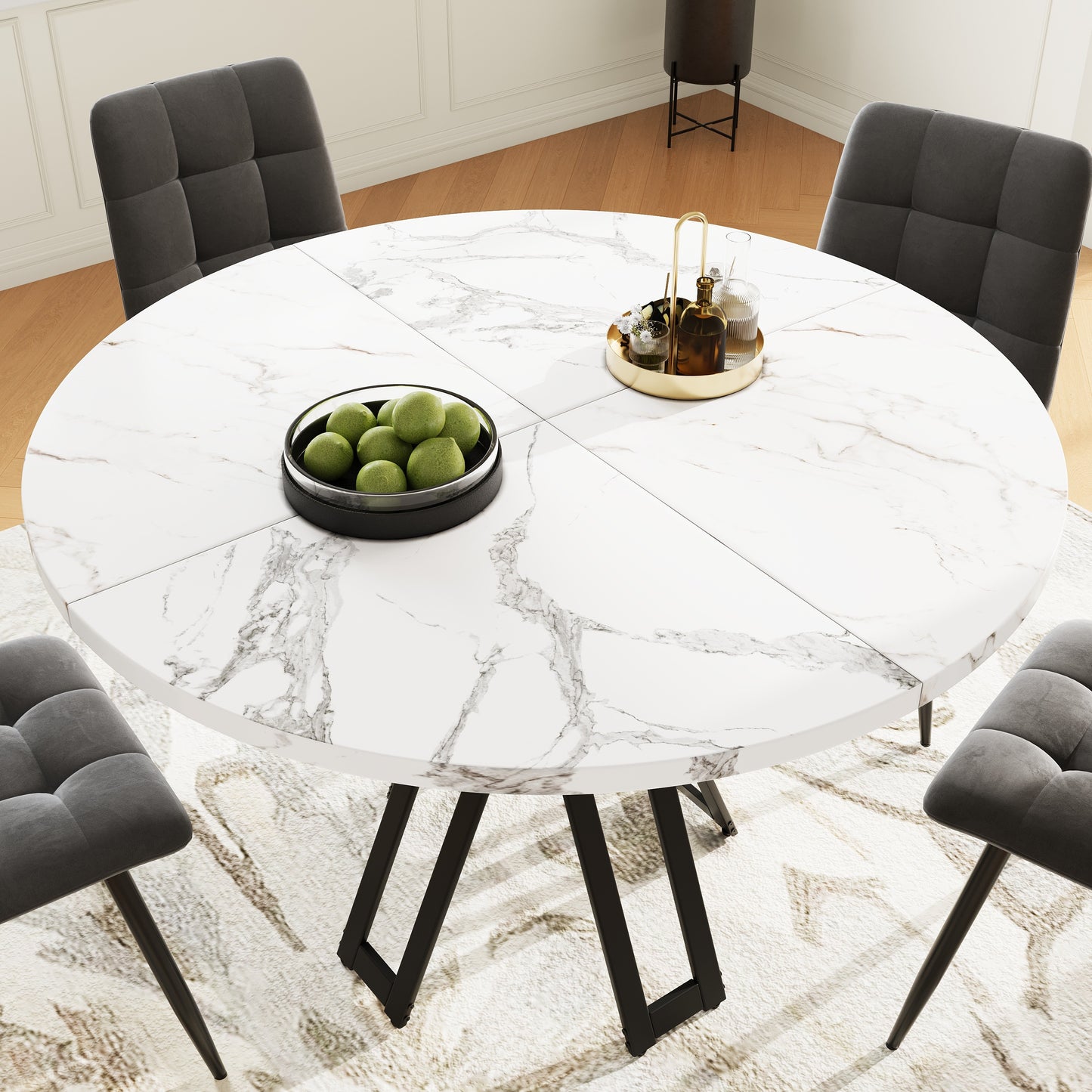 Round Dining Table | 100 x 100 x 76 cm, Lightweight yet Luxurious, Accommodates 4-6 People, Ideal for Studying, Dining, or Working in Dining Room or Living Room, White, Metal Frame, Space-Saving Design