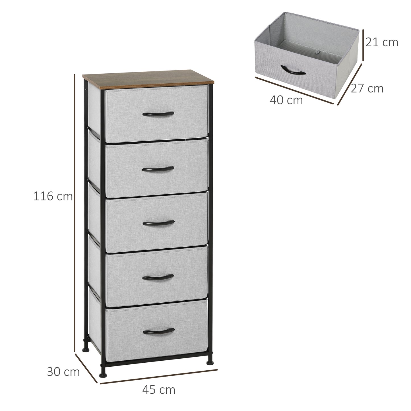 Opbergkast – Ladenkast – Dressoir – Stoffenkast – Opbergmeubel – Grijs – 5 Ruime Laden – Compacte Afmetingen 45x30x116 cm