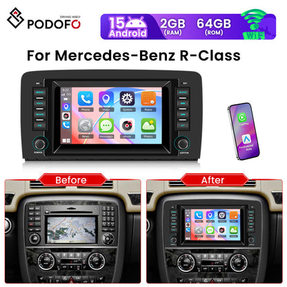 PODOFO [2G+64G] Android 15 7-inch for Mercedes Benz R Class W251 R280 R300 R320 R350 R63 2005-2017, Wireless Carplay/ Android Auto, Android EQ AI DSP/ GPS/ WiFi/ B/ T5.0/ FM/ Mirror Link, Merry Christmas Gifts, Black Friday G