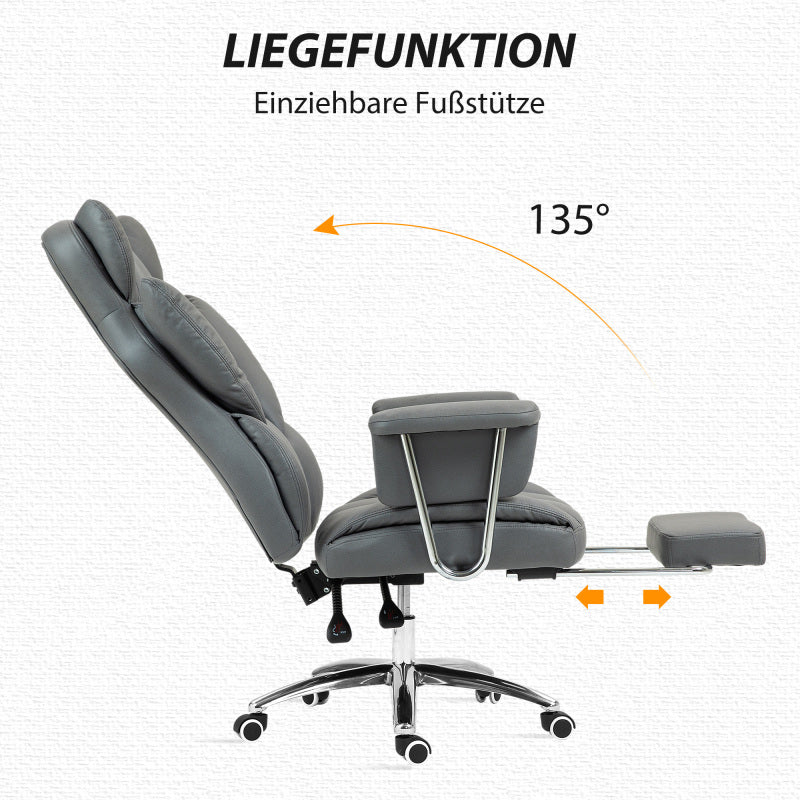 Ergonomische Bureaustoel – Kantoorstoel – Werkstoel – Bureaustoel Verstelbaar – Stoel Met Voetensteun – Donkergrijs – Roestvrij Stalen Frame – Verstelbare Rugleuning 135°