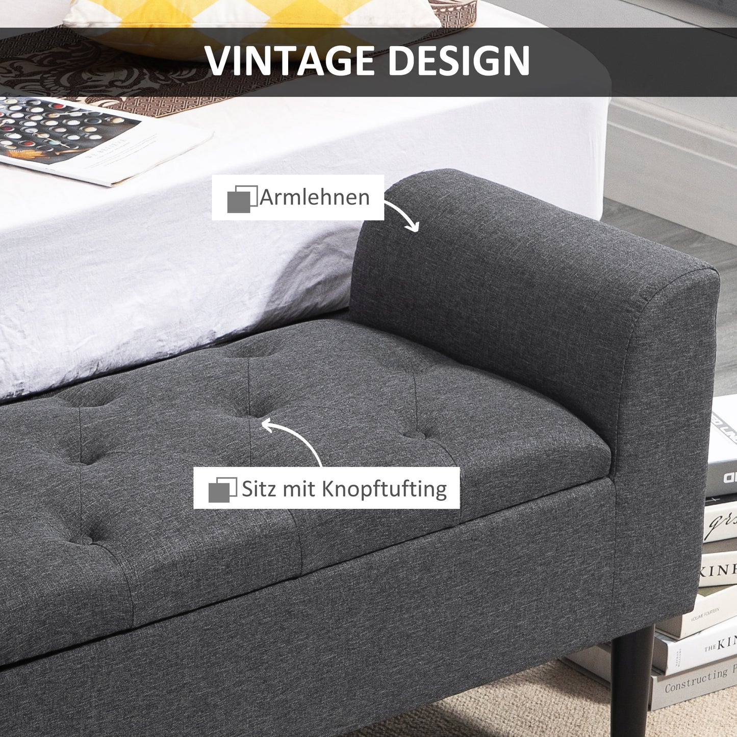 Opbergbank – Zitbank – Opslagbank – Banken – Poef – Linnen Bekleding – Houten Poten – 130 kg Draagvermogen – 116x44x58 cm – Donkergrijs