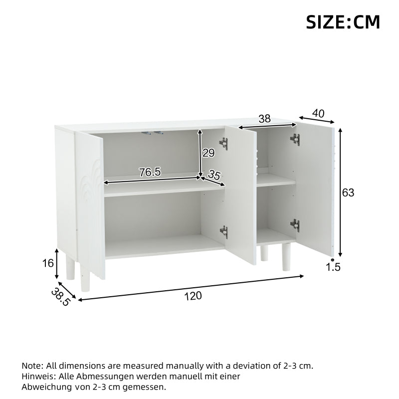 Sideboard – Dressoir – Opbergkast – Kast – Kasten – Wit MDF – 120 x 38,5 x 79 cm – Verstelbare Planken & 16 cm Poten
