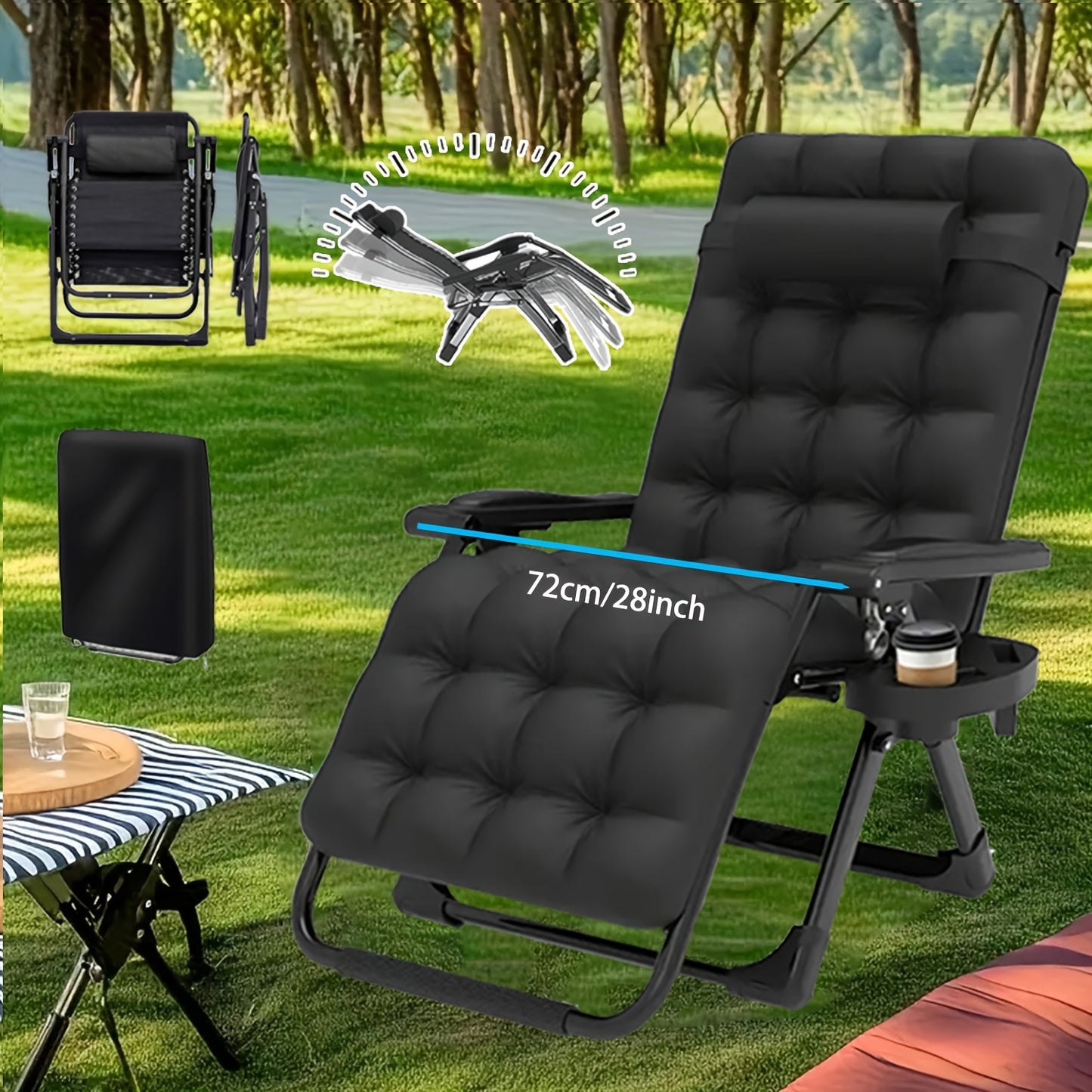 Extra Brede Campingstoel – Klapstoel – Tuinstoel – Strandstoel – Ligstoel – Verstelbare Rugleuning – Stevig Stalen Frame – 72 cm Zitbreedte – Inclusief Kussen en Bekerhouder – Zwarte Variant