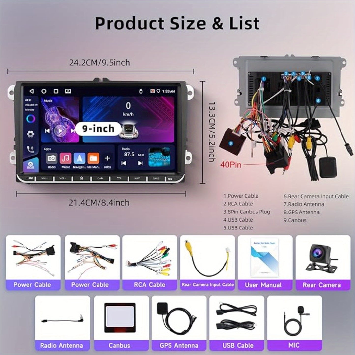 Android 15 Autoradio – Double Din Stereo – Touchscreen Radio – Auto Multimedia – GPS Navigatie – 9-Inch HD Scherm – Draadloos Android Auto & CarPlay – Inclusief HD Camera & Microfoon